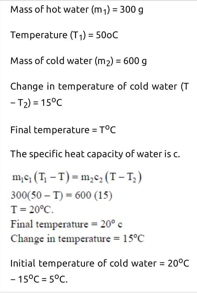 The temperature of 600g of cold water rises by 15 degree calcius when ...