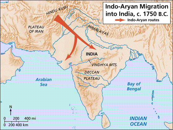 Map showing how Aryans migrated to India