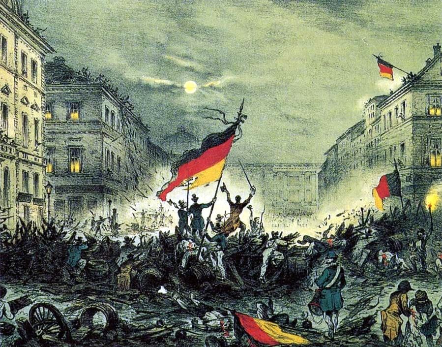 Revolutionaries in Berlin in March 1848, waving the revolutionaries flags