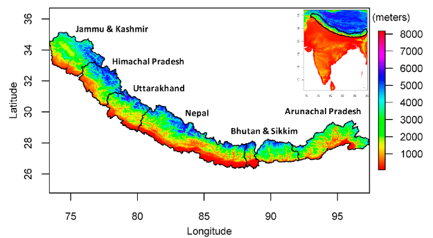 The Middle Himalayas (Green shaded region)