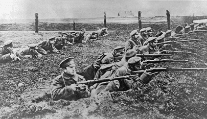 Russian troops; World War I Russian troops in the trenches at the East Prussian frontier.