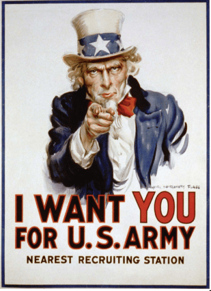Army recruiting poster featuring Uncle Sam, designed by James Montgomery Flagg, 1917.