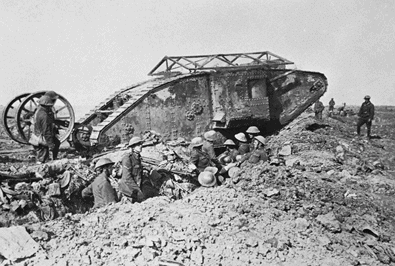 Mark I tankBritish Mark I tank with anti-bomb roof and “tail,” 1916.