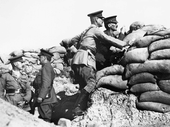 Gallipoli Campaign: “ANZAC Cove” British army officers in a trench at “ANZAC Cove” during the Gallipoli Campaign of World War I.