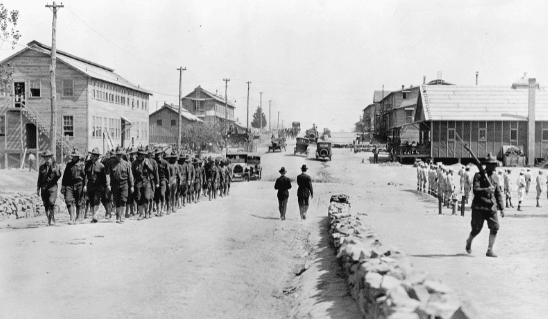 U.S. Army recruits at Camp Pike, Arkansas, in 1918, following the United States` entry into World War I in April 1917.