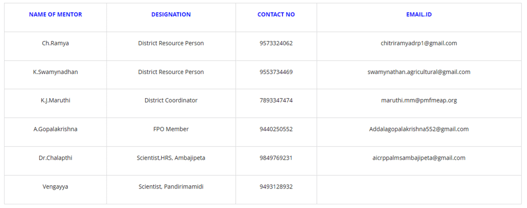 List of mentors registered with District to provide mentorship to beneficiaries