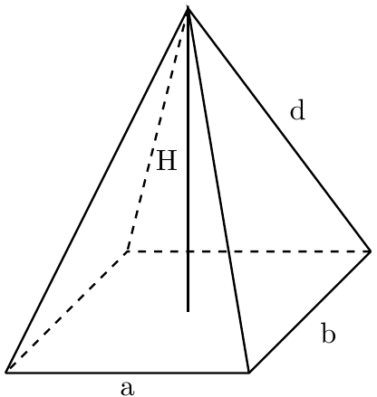 Right Rectangular Pyramid Calc: find A, V, A_l, A_b