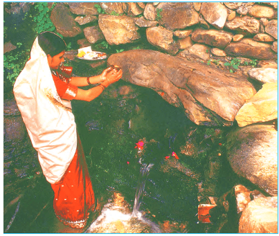 New bride performing pooja at pond