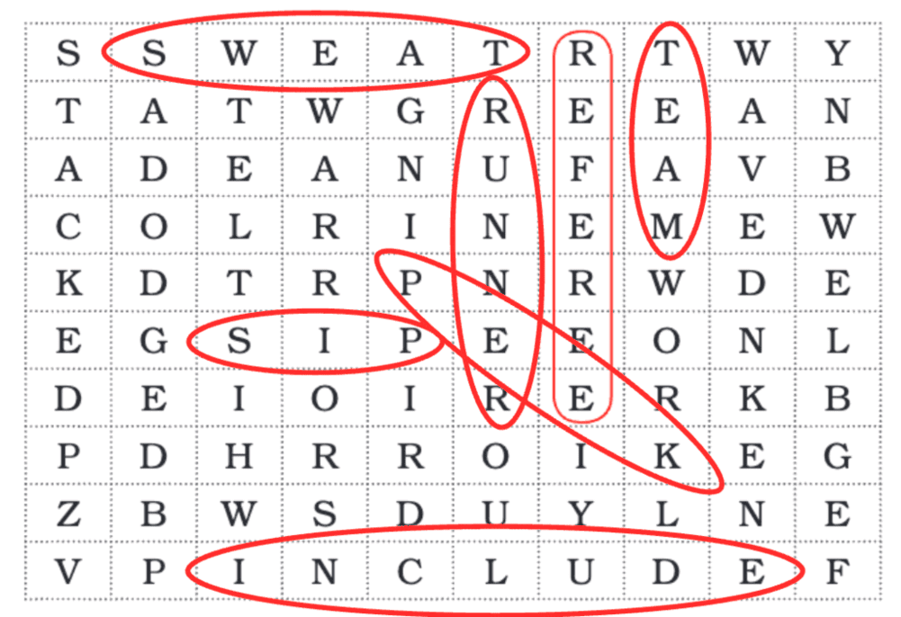 A. Some words from the story are hidden in the word grid below. One word has been done for you. Find at least six words in the box.