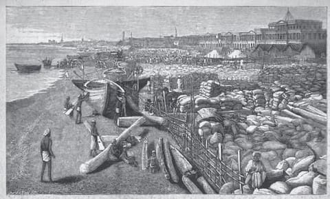 Grain bags on Madras beach, ready for export, while people were dying of hunger