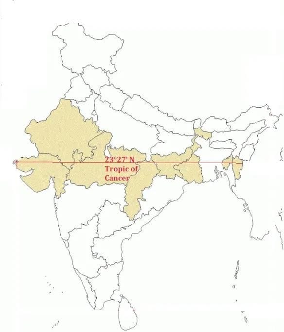 A picture showing Tropic of Cancer divides India in almost two equal parts.