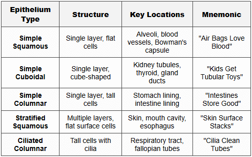 4.1 Epithelial Tissue Types - Location Table