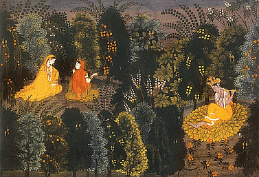 Krishna, Radha and her companion, Pahari miniature, Kangra