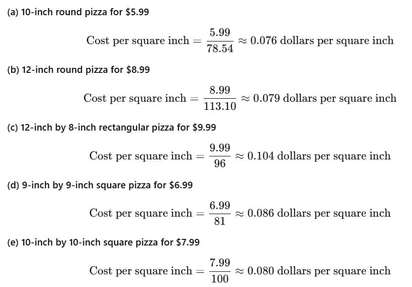 (e) A 10 inch by 10 inch square pizza for $7.99