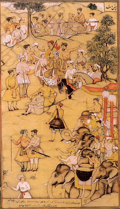 Akbar resting during a hunt, Mughal miniature