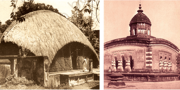 A double-roofed thatched hut (left)A four-roofed temple with a tower(right)