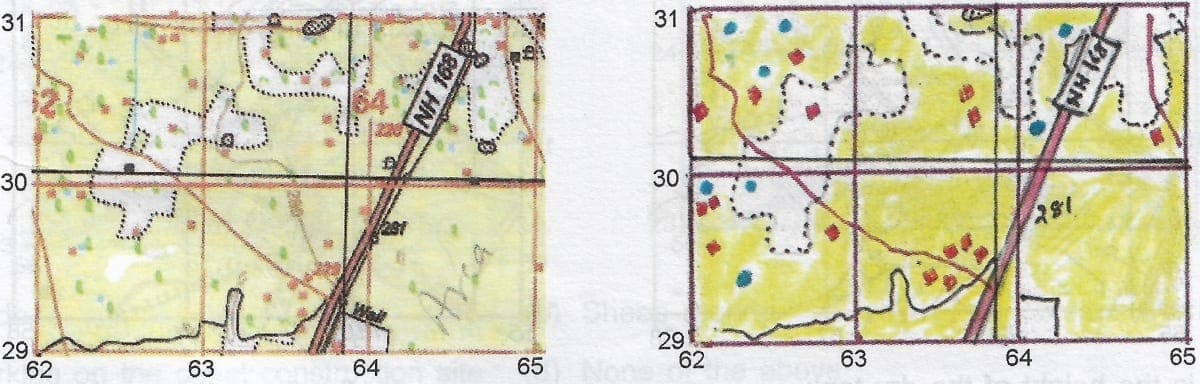 Q21: Give four figure grid reference of the temporary huts